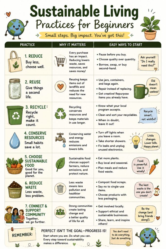Chart with Sustainable Living Practices for Beginners