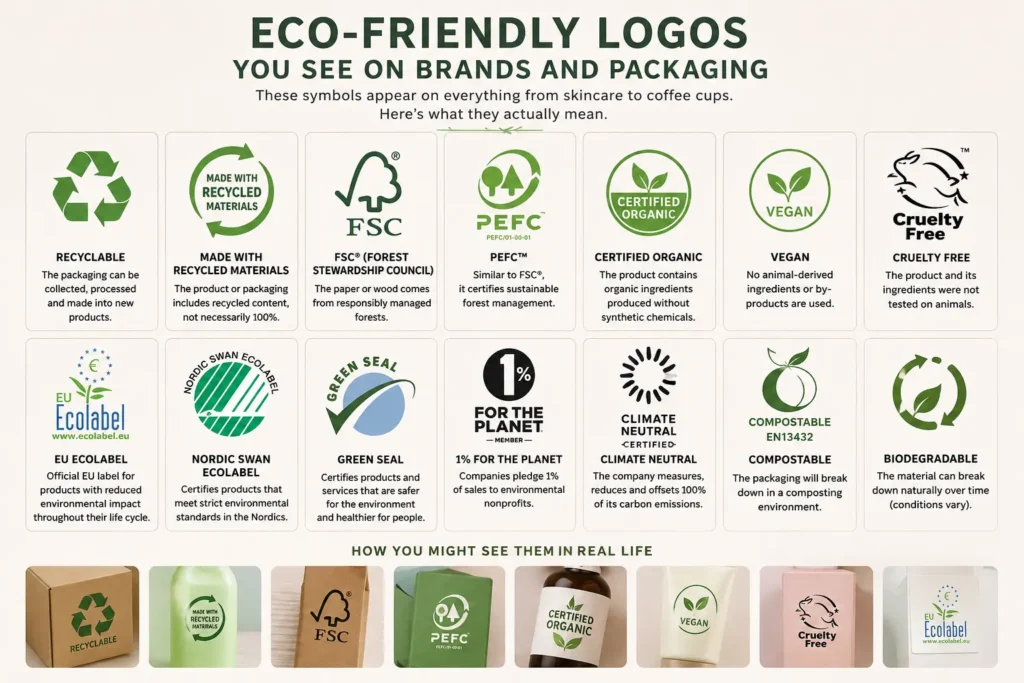 Chart showing some common Eco-friendly certifications logos