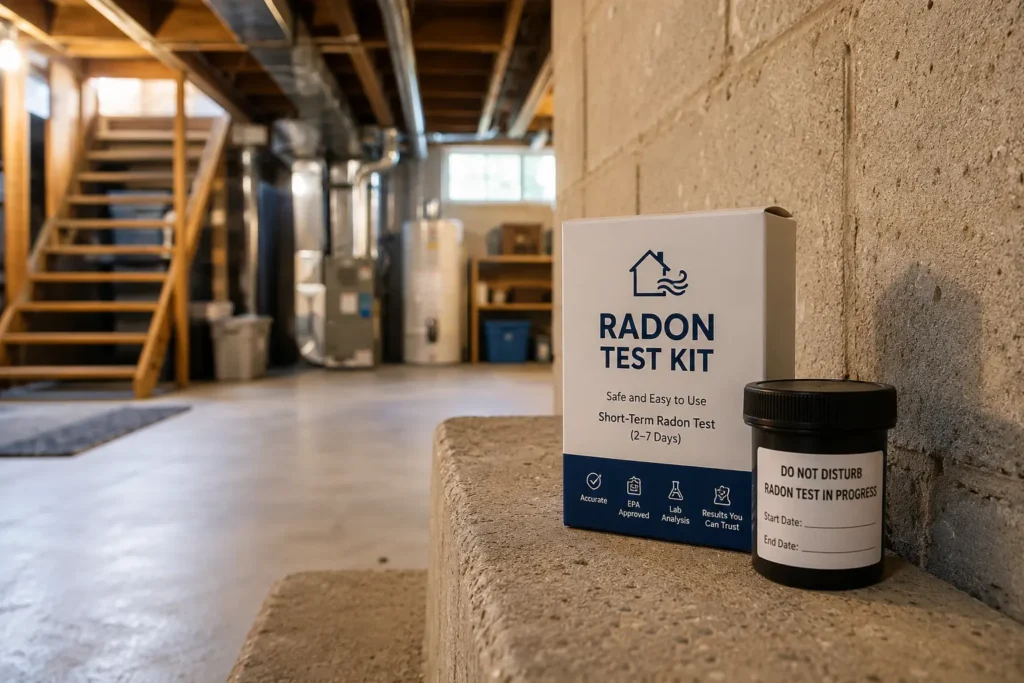A simple Radon test kit on a basement