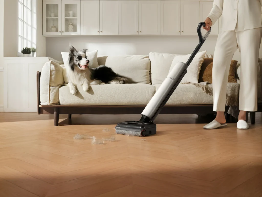 A woman vacuuming her dogs' hair from the living room floor.